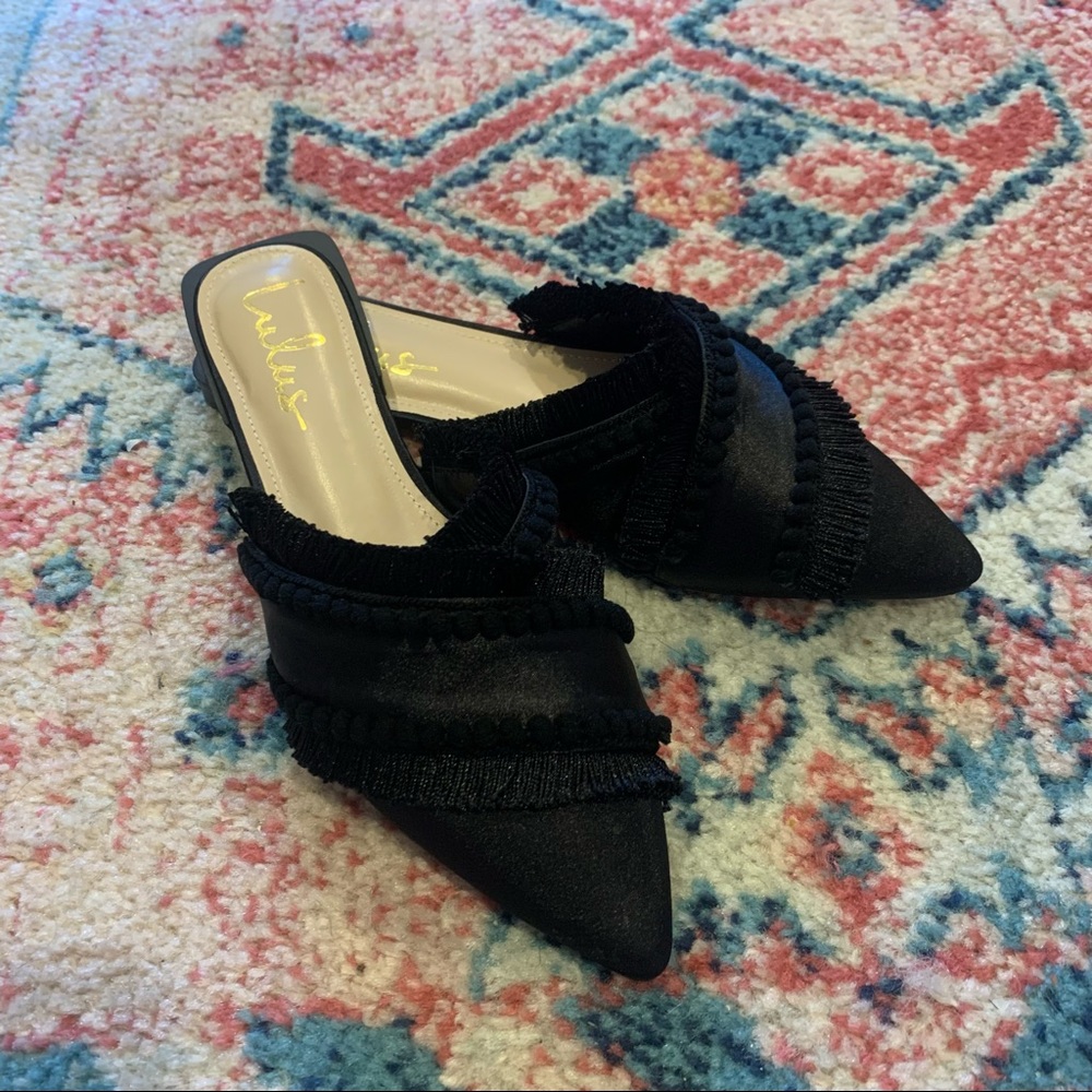 Leryn Black Satin Fringe Pointed-Toe Mule Slides